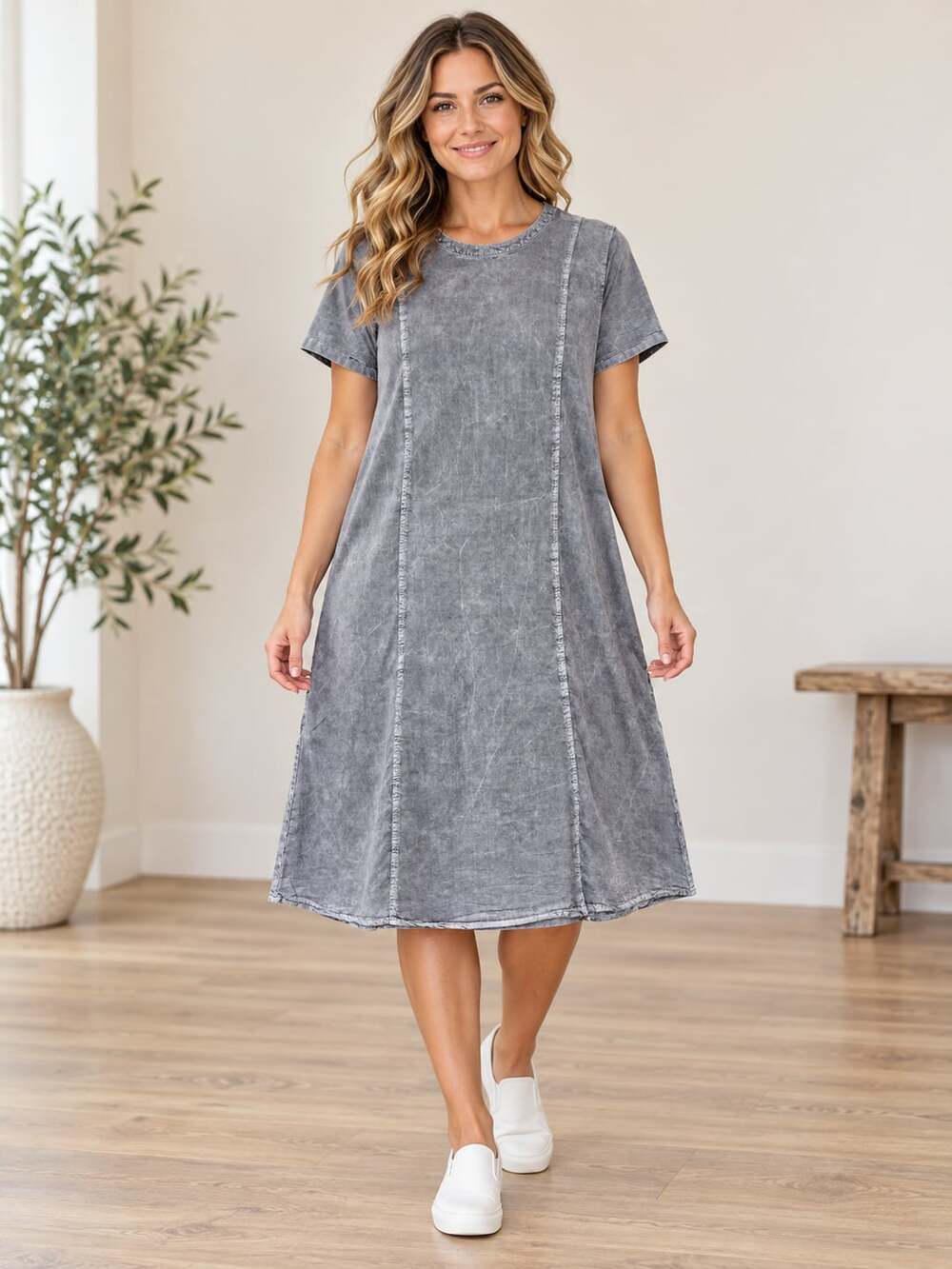 Tea N Rose Gray Acid Wash Swing Dress Short Sleeve Size M